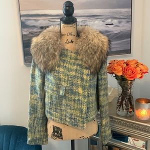 BCBGMAXAZRIA Genuine Fur wool plaid tweed jacket green blue brown cropped M 6 8